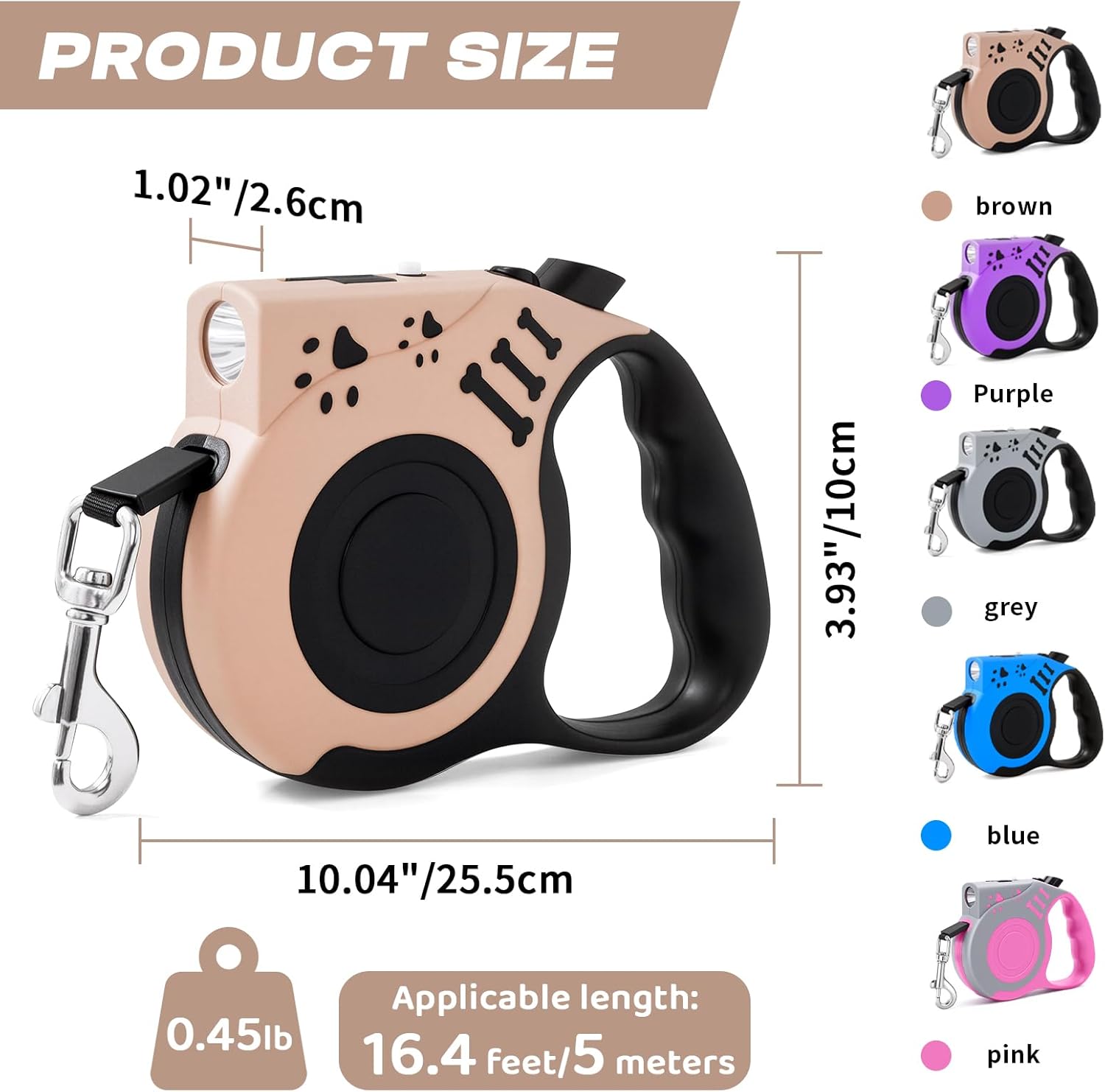 16FT Retractable Dog Leash with USB Rechargeable Flashlight