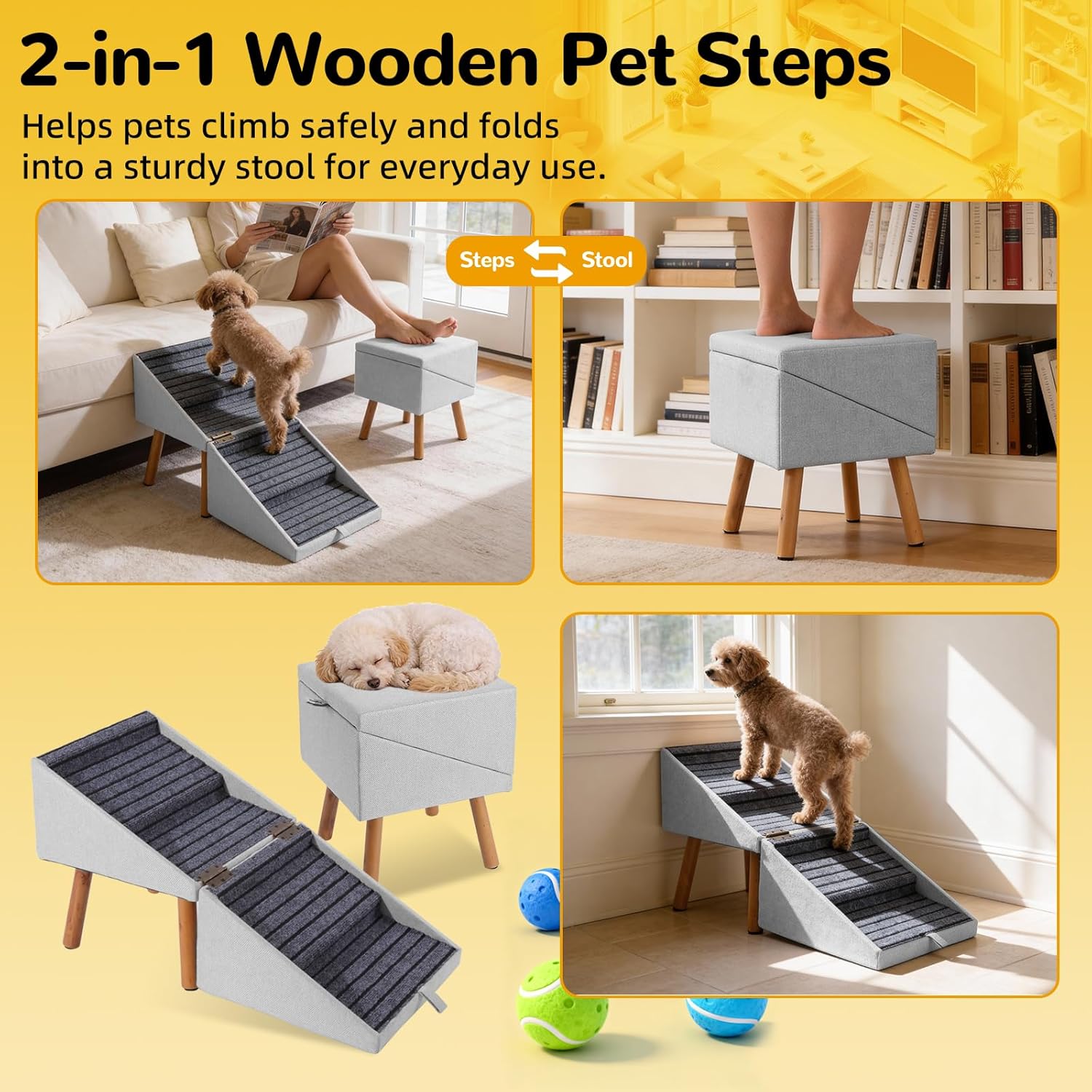 2-in-1 Foldable Dog Stairs Ottoman for Bed & Couch